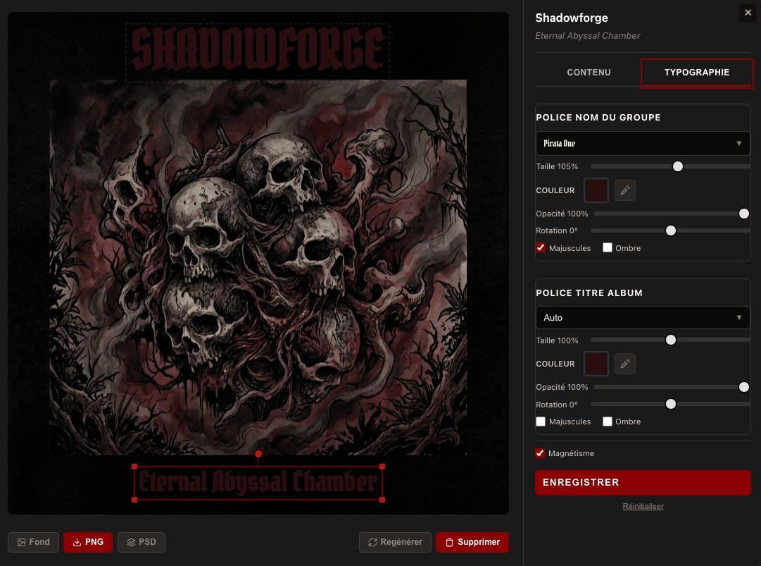 Metal album cover WYSIWYG editor with drag and drop, fonts and PSD export