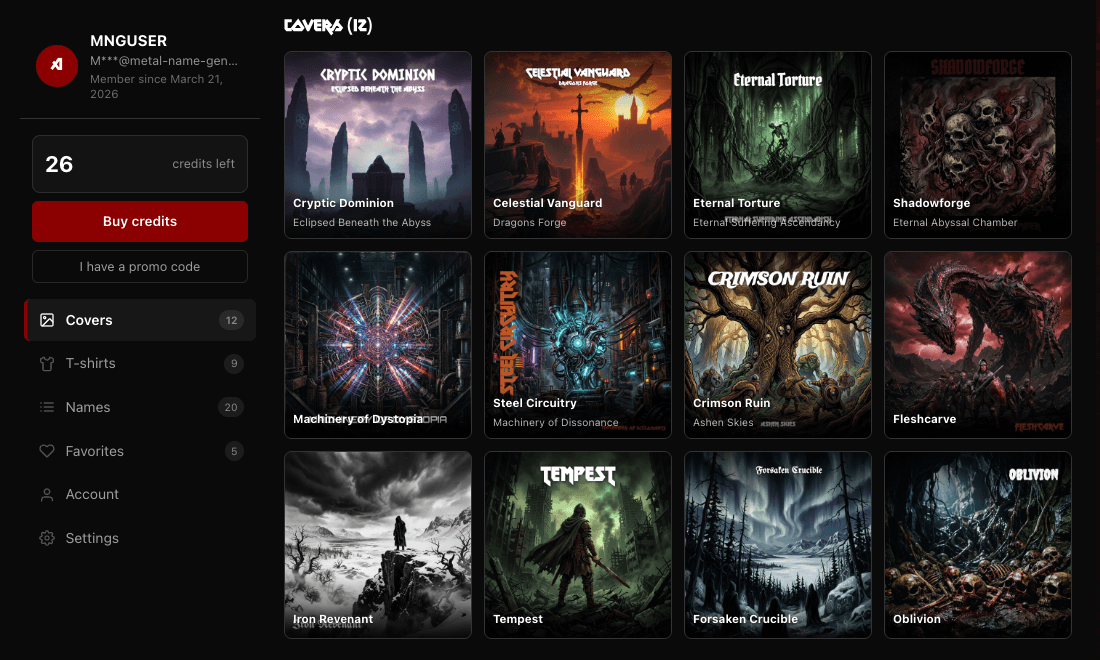 Metal Name Generator profile with cover and t-shirt gallery