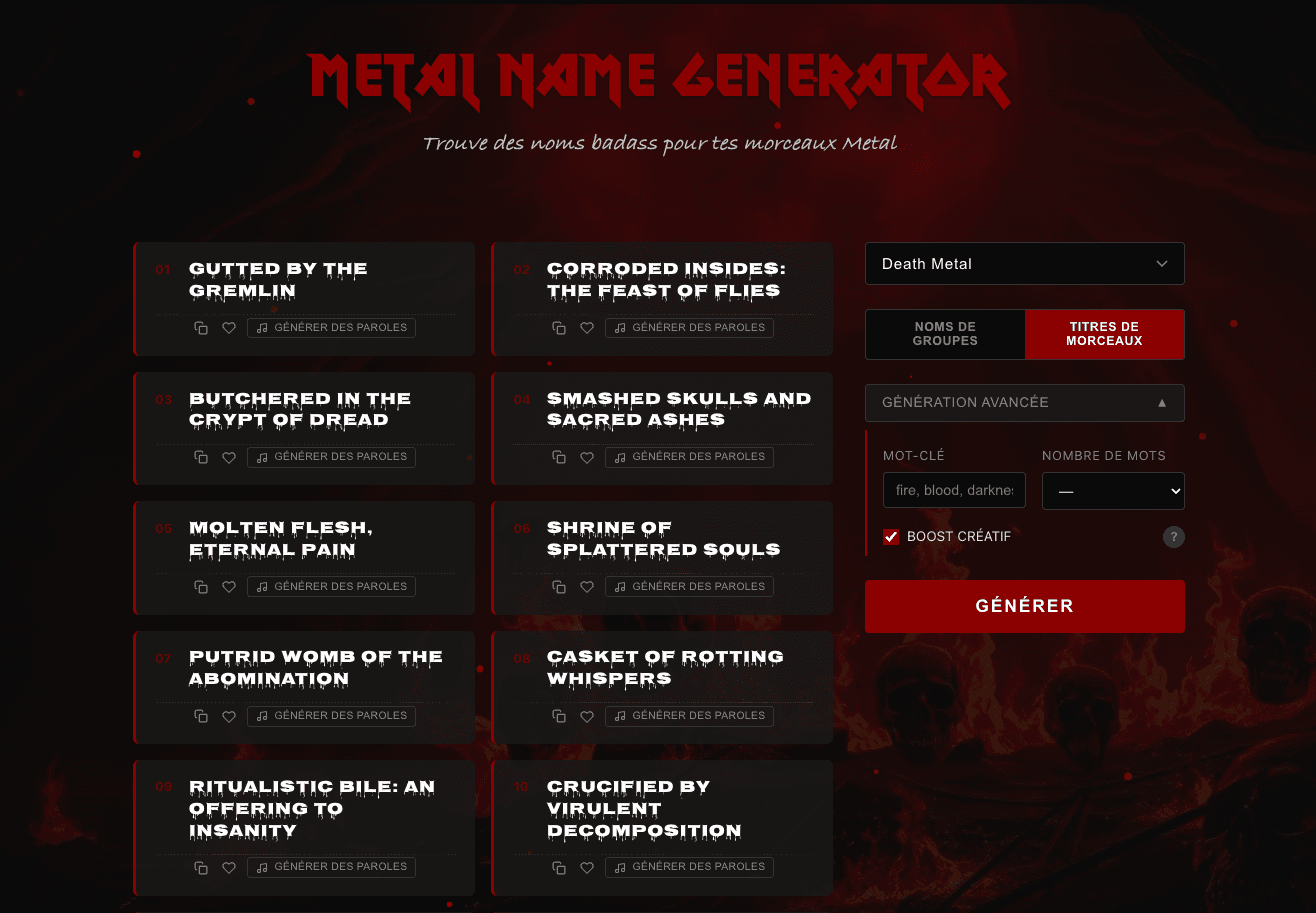 Metal band name generator - interface with results