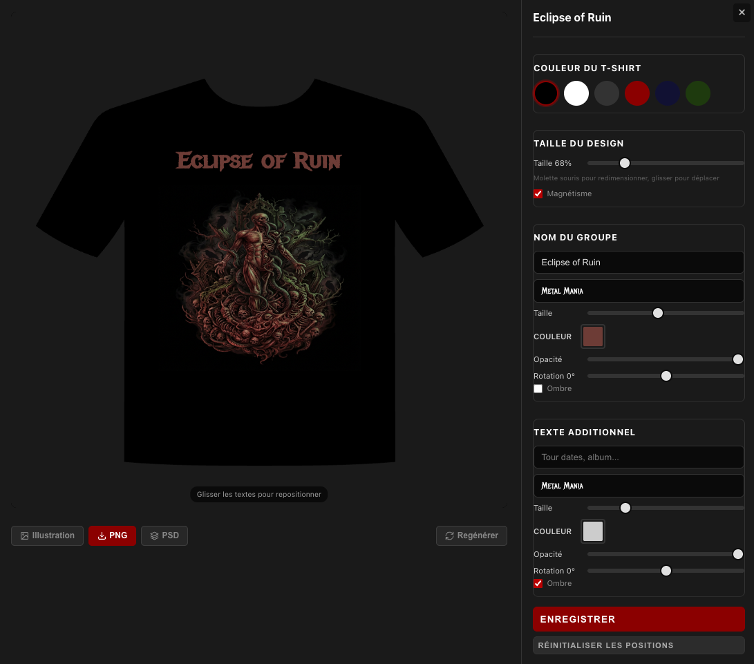 Metal t-shirt silhouette editor with drag and drop, fonts and PSD export